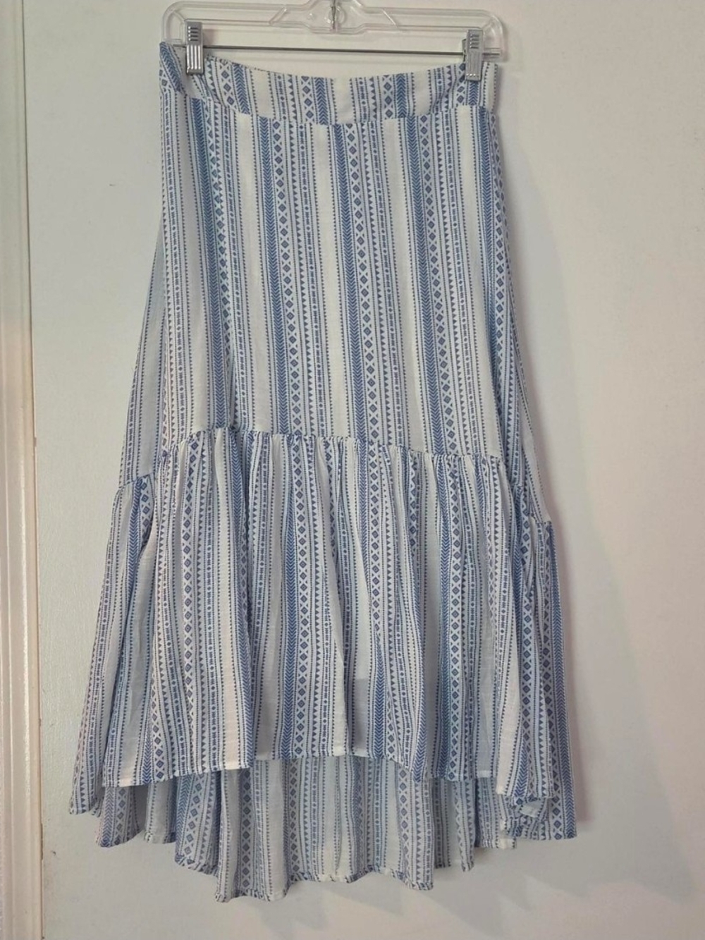 Blue & White Striped Tiered Midi Skirt